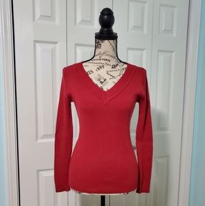 Red long sleeve, V-neck sweater